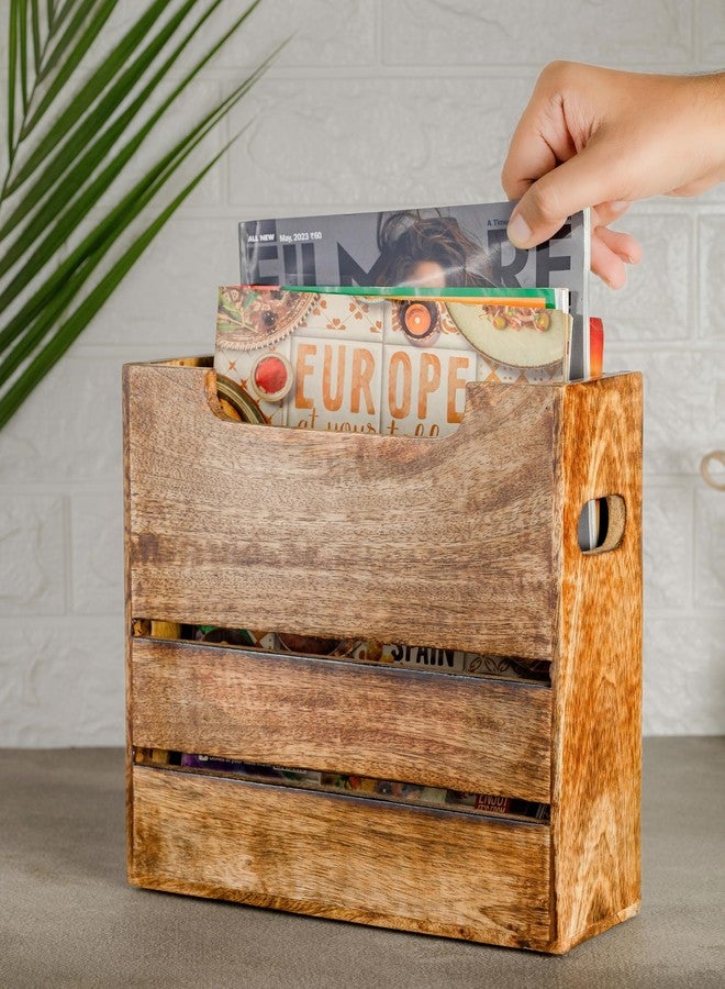 Mie Creations Wooden Magazine Holder Rack with Handle, Decorative Magazine Storage Basket for File, Folder, Books, Newspaper | Rustic Brown Magazine Bin Display Stand, Office Desk Organizer 10-inch - Image 5